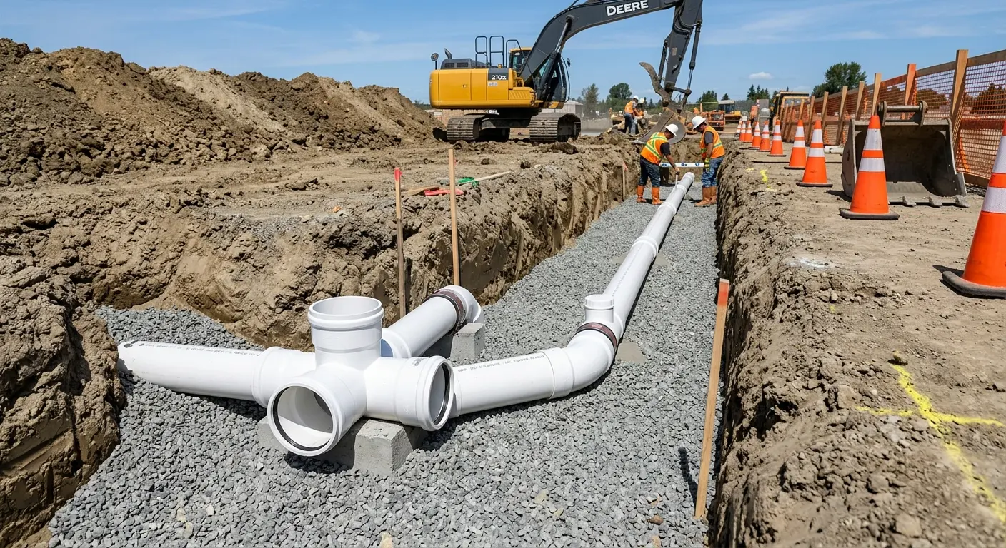 New PVC sewer pipe installation in open trench for Sewer Backup in Glen Burnie