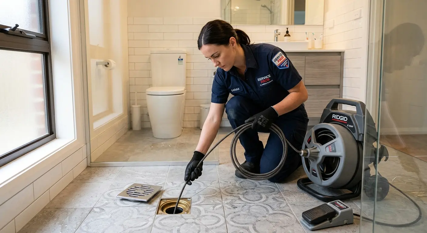 Technician clearing a bathroom floor drain for Drain Repair in Glen Burnie